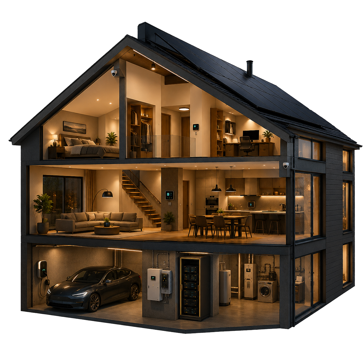 Querschnitt eines modernen Hauses mit allen Elektro-Leistungsbereichen von der Solaranlage bis zur Wallbox